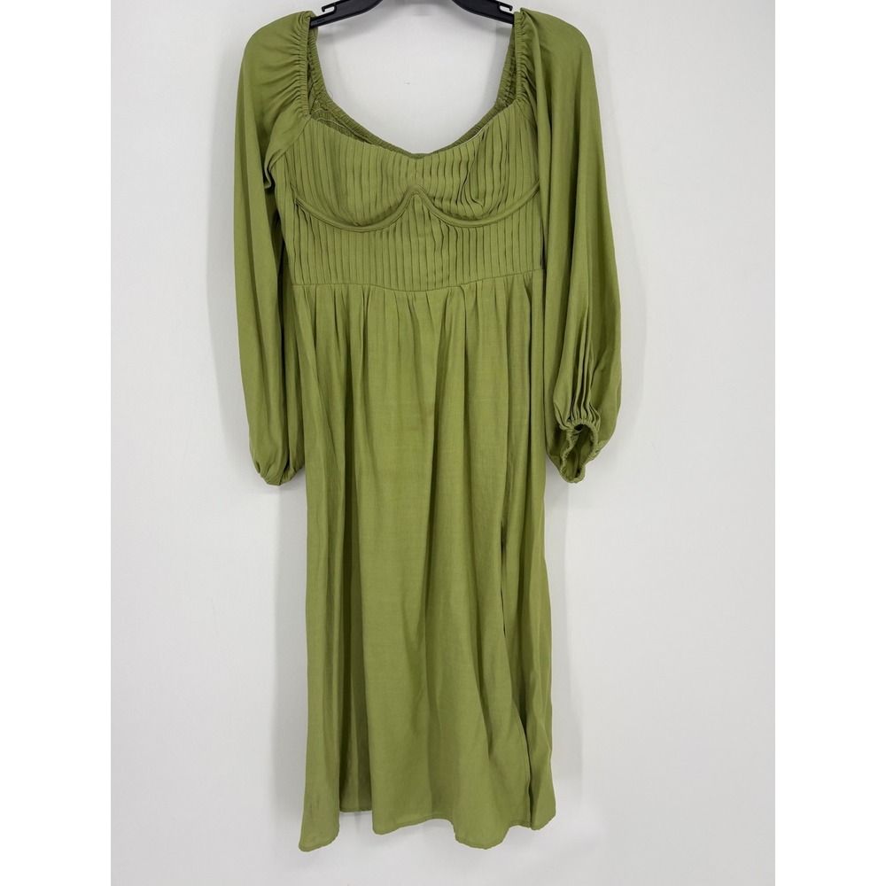 Hello Molly Dress Womens XL Green Long Sleeve Pleated Bustier Midi Slit